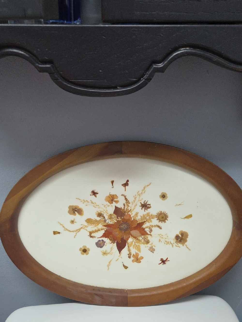 Vintage Handmade Oval Wooden Framed Floral Wall Art - Brown